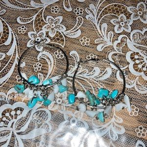 1pair hoop earrings w/ real turquoise stonesand white stones on st $15
